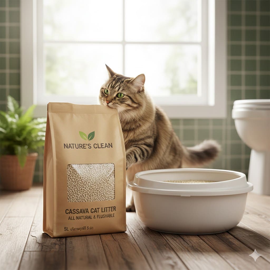 ทรายแมวมันสำปะหลัง ไร้ฝุ่น ปลอดภัยต่อภูมิแพ้